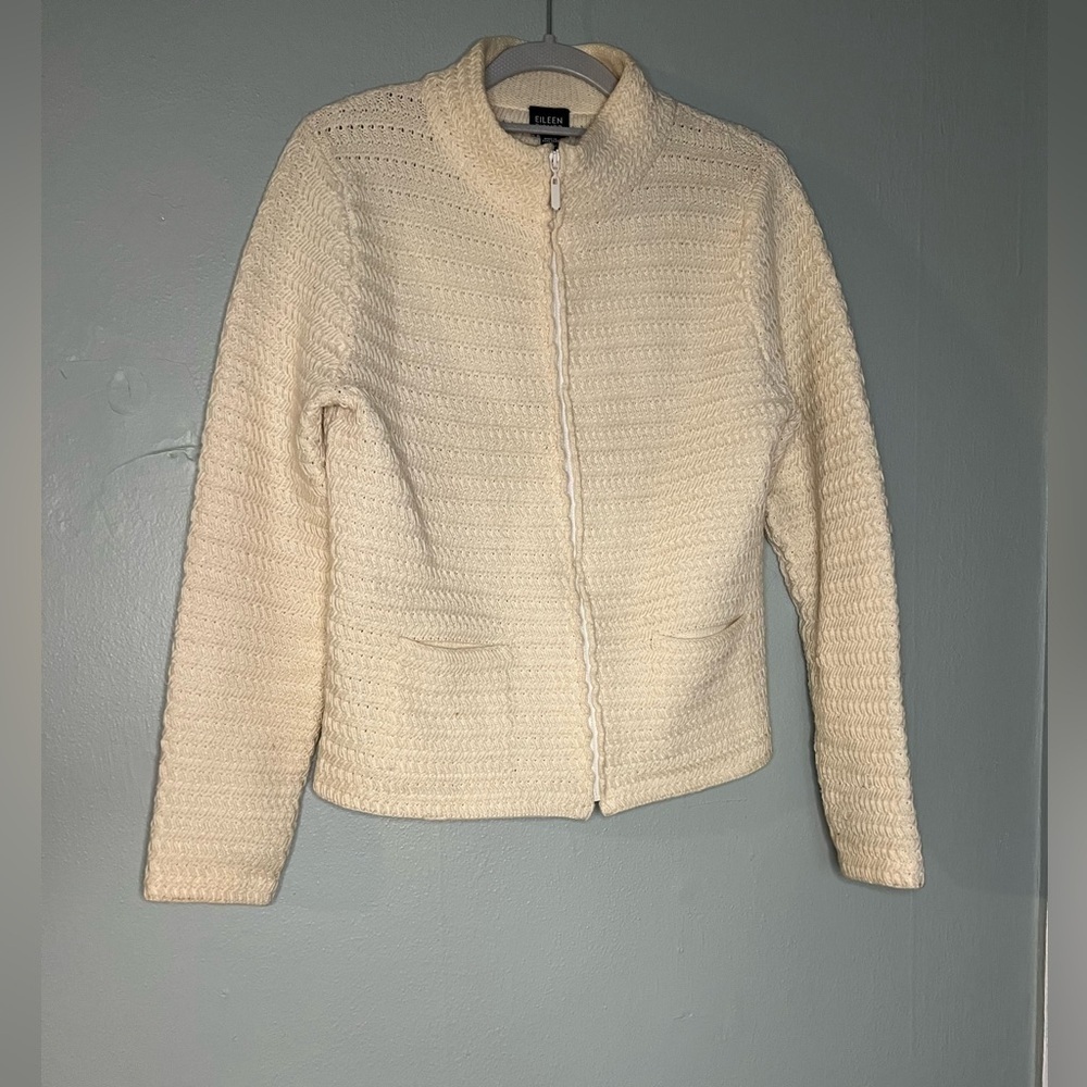Eileen Fisher cream chunky knit full zip wool blend sweater‎